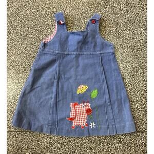 Vintage Baby Girls Pinafore Dress Blue Red Gingham Cow Applique Cotton 24M 2T